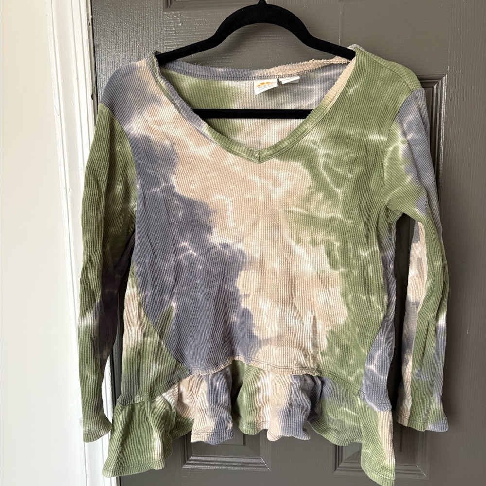 C&C California Green and Gray Tie-Dye Long Sleeve Top